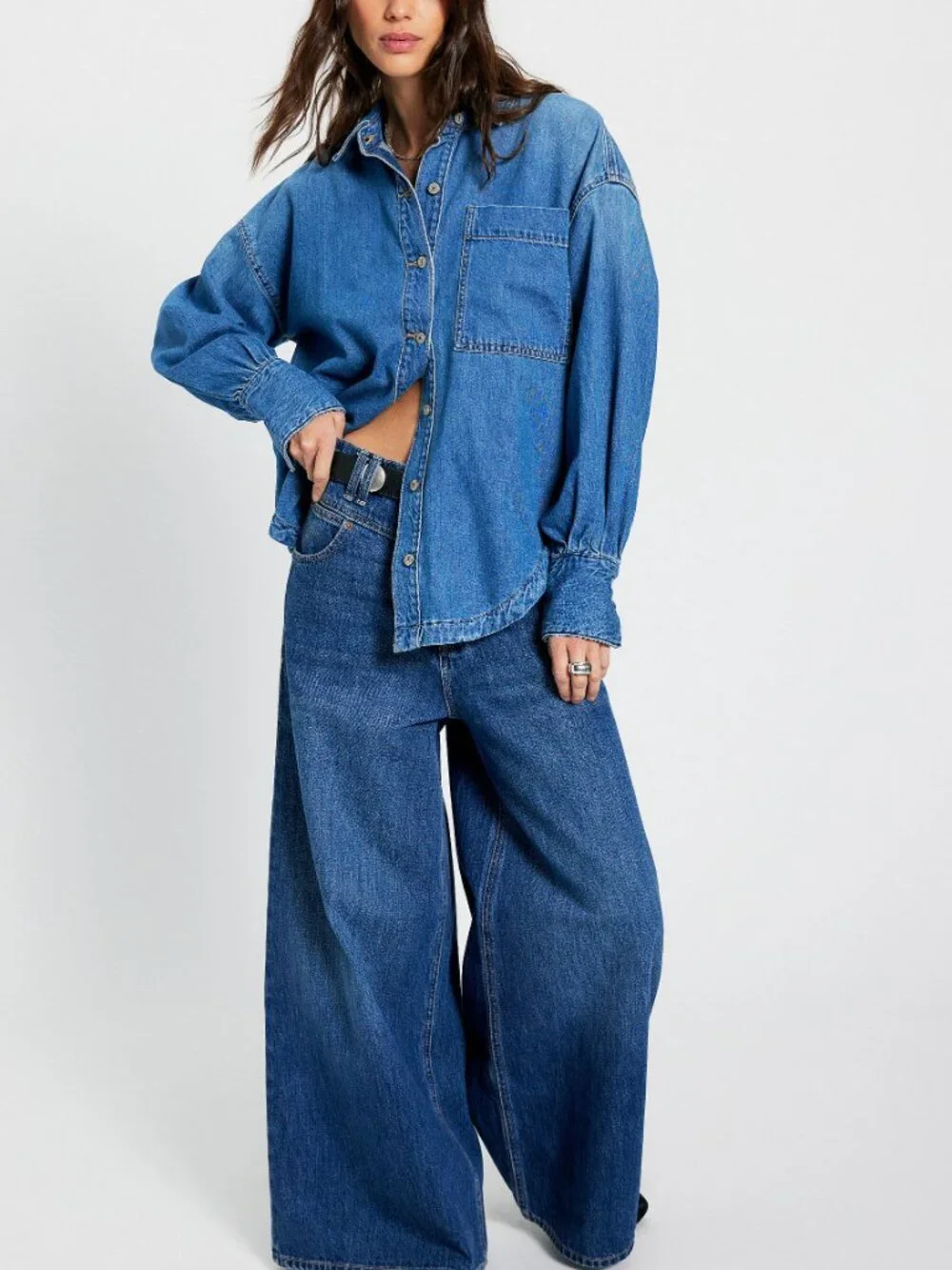 Free People Blue Denim Button-Down Shirt